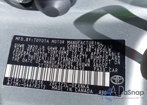 2015 Toyota Corolla Le из США, поврежденный, VIN 2T1BURHE3FC474413